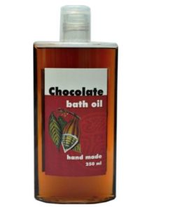 Kúpeľový olej čokoláda, prírodná kozmetika na suchú pokožku do kúpeľa. Jemný čokoládový olejový kúpeľ s upokojujúcimi účinkami povzbudzuje mikrocirkuláciu