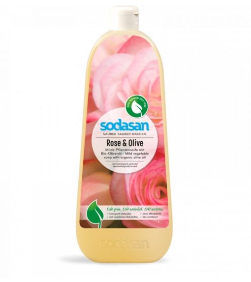 BIO tekuté mydlo Ruža oliva, vyrobené z BIO mydla, vhodné pre celú rodinu, bez farbív a sulfátov s prírodnou vôňou éterických olejov. BIO kozmetika na ruky i sprchovanie