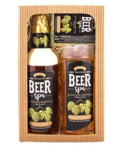 Darčeková kazeta Beer Spa - pivná kozmetika pre mužov i ženy, obsahuje extrakty z pivných kvasníc a chmeľu. Sprchový gél 250 ml, penu 500 ml, mydlo 70 g