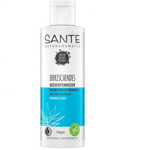 BIO čistiaca voda tonikum SANTE, 100% čisto prírodná bio kozmetika na tvár, vrásky. Obsahuje výťažok z aloe vera a olej z chia semiačok. Odstraňuje make-up