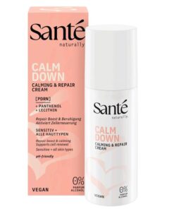Calm Down Calming & Repair krém Sante upokojujúci účinok na citlivú, suchú alebo reaktívnu pleť s pantenolom a lecitínom bez alkoholu a parfému