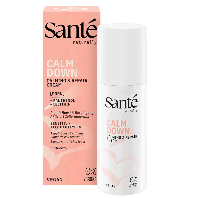 Calm Down Calming & Repair krém Sante upokojujúci účinok na citlivú, suchú alebo reaktívnu pleť s pantenolom a lecitínom bez alkoholu a parfému
