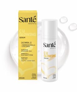 CU Glowing sérum Sante na tmavé škvrny bez alkoholu, bez parabénov, bez parfumácie. Zosvetľuje tmavé škvrny a jazvy po akné s hyaluronom a vitamínom C